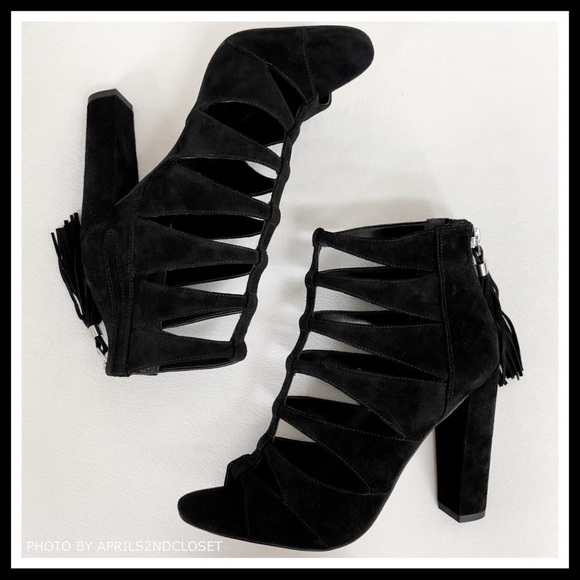 MARC FISHER BLACK CAGED SUEDE ANKLE STRAP HEELS - Picture 7 of 8